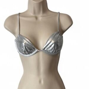 WeWoreWhat Silver Metallic Ruched Underwire Bikini Top